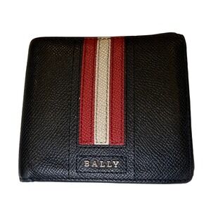 Bally Switzerland Mens Black Grained Leather Trainspotting Stripe Bifold Wallet
